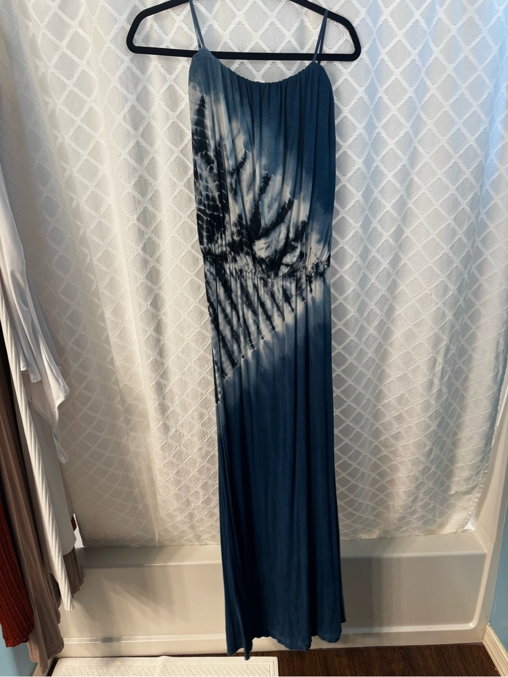 S-Twelve Blue and White Strapless Tie-Dye Maxi Dress
